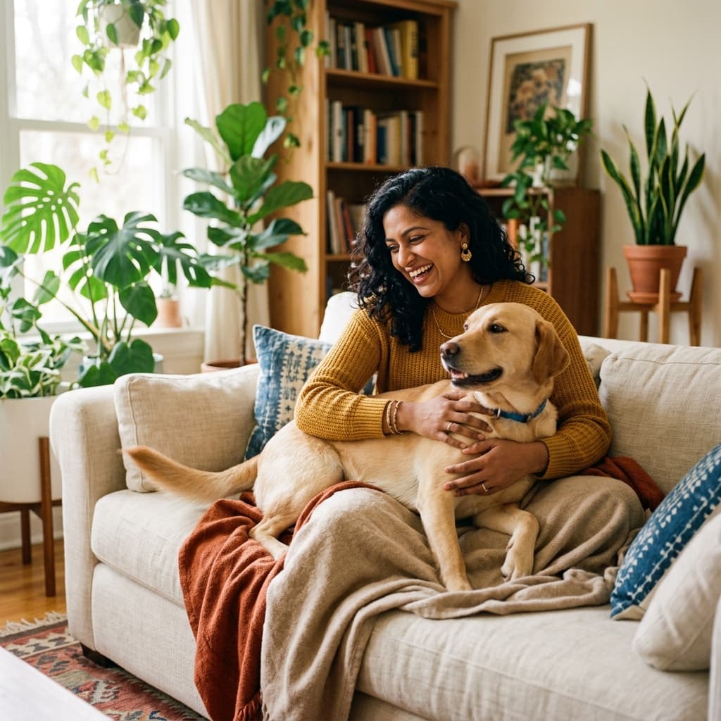 Happy Indian pet parent cuddling her Labrador